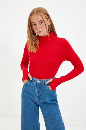 Trendyol Red Turtleneck Prążkowana Bluzka Dzianinowy