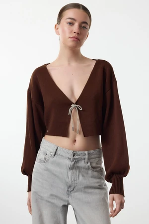 Trendyol Brown Super Crop Basic Bow Knit Cardigan