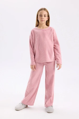 DEFACTO Girls Pajama Set Plush Long Sleeve Top Elastic Waist Wide Leg Bottom