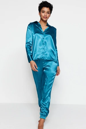 Trendyol Blue Elastic Leg Satin Woven Pajamas Set