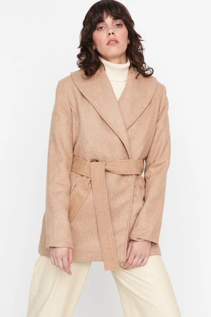 Trendyol Camel Oversize Belted Stamped Coat