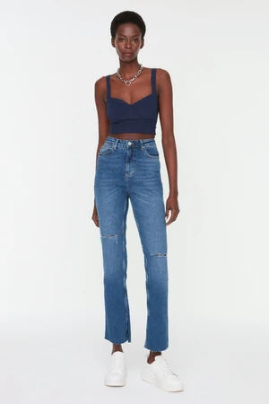 Trendyol Blue Ripped Detailed High Waist Flare Jeans with Slits