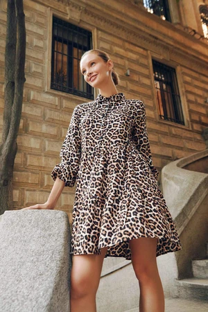 DEFACTO Shirt Collar Animal Mini Long Sleeve Dress