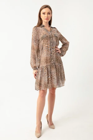 Lafaba Women's Brown Leopard Print Chiffon Midi Dress with Frill Hem.