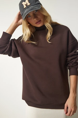 Happiness İstanbul Women's Brown Stand-Up Collar Basic Shark Sweatshirt