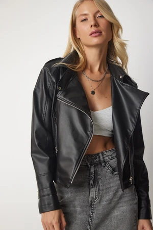 Happiness İstanbul Women's Black Faux Leather Biker Jacket