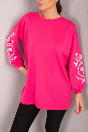 armonika Women's Fuchsia Round Neck Embossed Sleeve Tunic