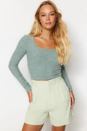 Trendyol Mint Square Collar Fitted/Simple Crop, Soft Knitted Blouse