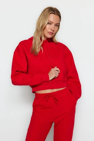 Trendyol Red Thick Fleece Hoodie. Relaxed-Cut Crop Basic Knitted Sweatshirt