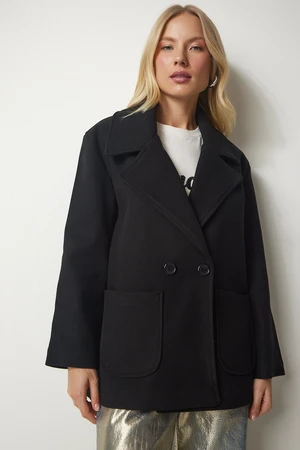 Happiness İstanbul Women's Black Double Breasted Collar Coat with Pockets, Cachet