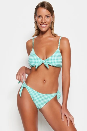 Trendyol Turquoise Gingham Textured Tie-Up Regular Leg Bikini Bottom