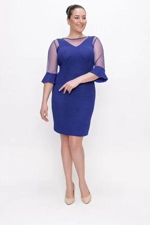 By Saygı Tulle Detail Sleeves And Collar, Plus Size Glittery Dress With Ruffled Sleeves, Lined Saks.