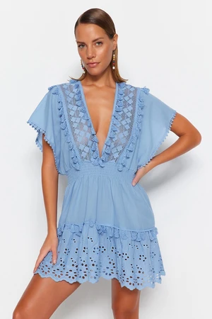 Trendyol Blue Mini Woven Embroidery 100% Cotton Beach Dress