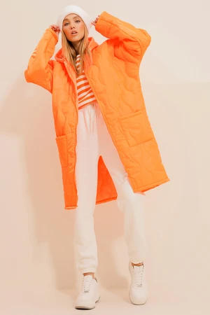 Trend Alaçatı Stili Women's Orange Double Pockets Front Double Zipper Hooded Long Puffer Coat