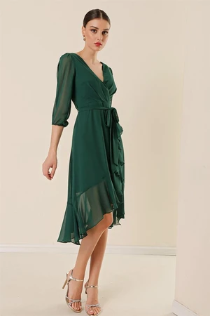 By Saygı Double-breasted Chiffon Dress with a Plunging Neck Belted Waist Belt Lined Balloon Sleeves Wide Body Applique.