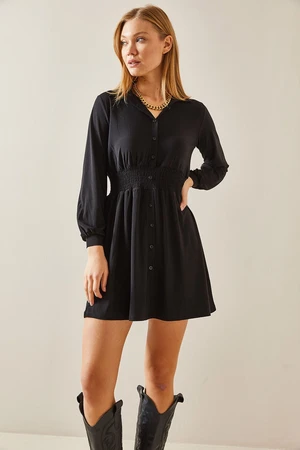 XHAN Black Polo Neck Elastic Detailed Mini Dress