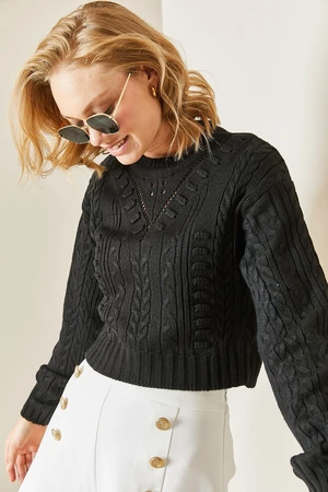 XHAN Black Perforated Crop Sweater