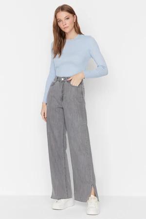 Trendyol Gray Slit High Waist 100% Cotton Wide Leg Jeans