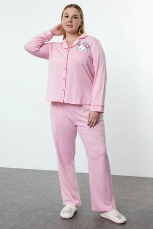 Trendyol Curve Pink Hello Kitty Licensed Shirt Collar Knitted Pajama Set