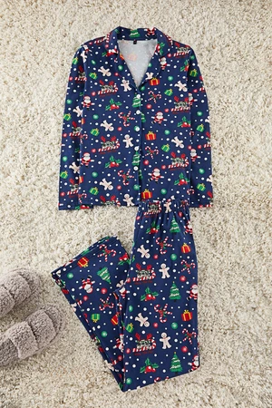 Trendyol Navy Blue 100% Cotton Christmas Themed Knitted Pajamas Set