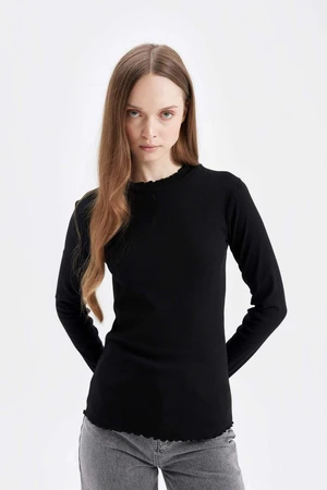 DEFACTO Half Turtleneck Ribbed Camisole Basic Plain Long Sleeve Black T-Shirt Tunic