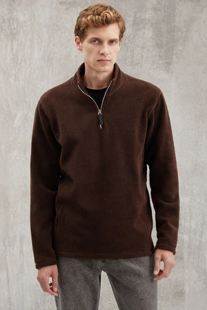 GRIMELANGE Hayes Men's Fleece Half Zipper Leather Accessories Thick Textured Comfort Fit Bitter Brown Fleece