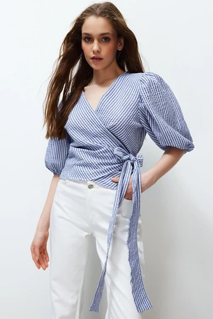 Trendyol Multi Color Striped Double Breasted Tie Detail See-through Woven Blouse