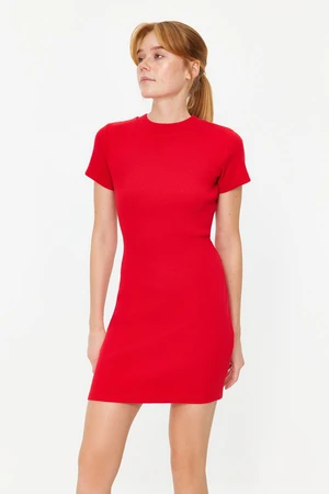 Trendyol Red Body Fitted Short Sleeve Crew Neck Mini Ribbed Stretchy Knitted Pencil Dress