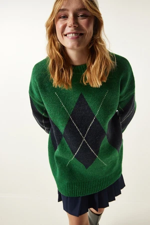 Happiness İstanbul Green Premium Diamond Pattern Oversize Knitwear Sweater