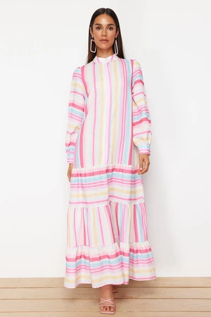 Trendyol Pink Striped Skirt Ruffled Linen Look Woven Dress