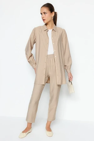 Trendyol Camel Linen Look Shirt-Pants Woven Suit