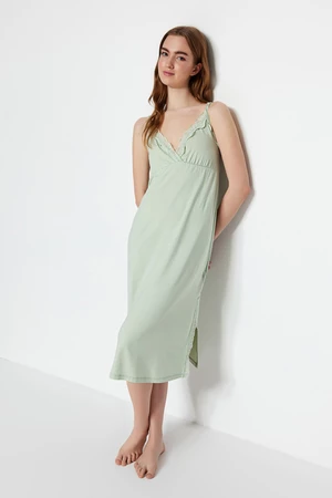 Trendyol Mint Lace and Slit Detailed Rope Strap Knitted Nightdress