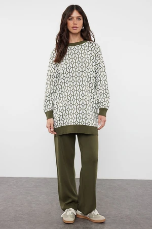 Trendyol Khaki Geometric Patterned Sweater-Pants Knitwear Set