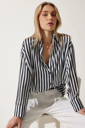 Happiness İstanbul Women's Black and White Striped Draped Satin Look Shirt