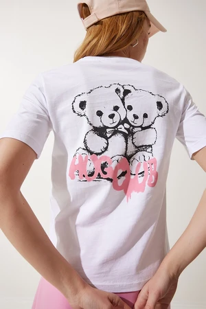 Happiness İstanbul Women's White Teddy Bear Print Knitted T-Shirt