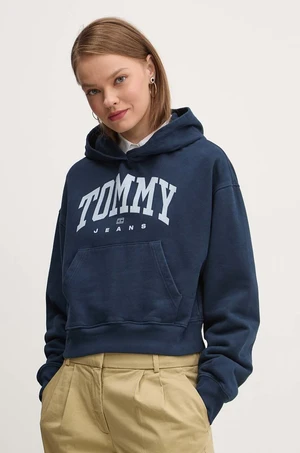 Bavlněná mikina Tommy Jeans dámská, tmavomodrá barva, s kapucí, s potiskem, DW0DW19291