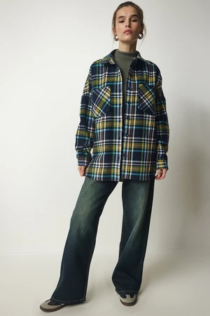 Happiness İstanbul Women's Navy Blue Green Patterned Oversize Cachet Lumberjack Shirt