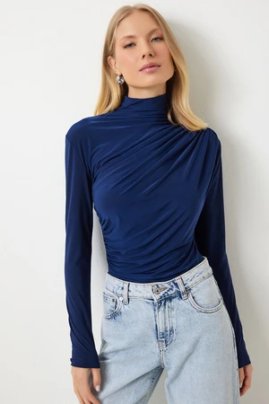 Happiness İstanbul Women's Cobalt Blue Ruffle Detailed High Collar Sandy Blouse