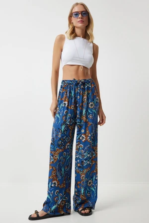 Happiness İstanbul Women's Blue Tile Patterned Loose Viscose Palazzo Trousers