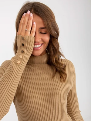 Camel sweater with stand-up collar and buttons