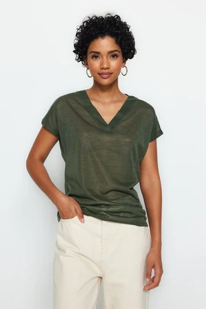 Trendyol Khaki V-Neck Linen-Looking Regular Fit Knitted T-Shirt