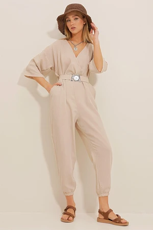 Trend Alaçatı Stili Women's Beige Linen Jumpsuit with Double Breasted Collar Waist Belt