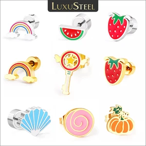 LUXUSTEEL Stainless Steel Earrings For Women Girls Kid Cute Strawberry Rainbow Vegetable Plants Stud Earring Unique Jewelry 2022