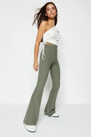 Trendyol Khaki Corduroy Flare/Flare-Up High Waist Knitted Leggings Pants Trousers