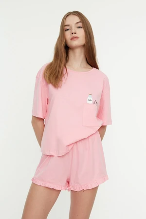 Trendyol Pink Cotton Frilly Printed Knitted Pajamas Set