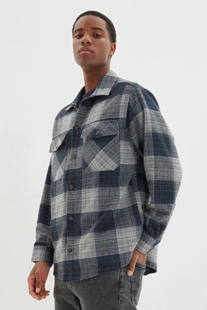 Trendyol Navy Blue Oversize Lumberjack Plaid Checkered Winter Shirt