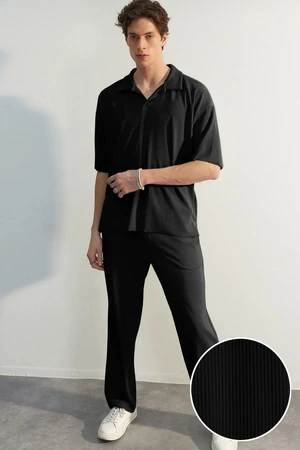 Trendyol Limited Edition Black / Wide Leg Textured Wrinkle-Free Hidden Drawstring One Piece Sweatpants