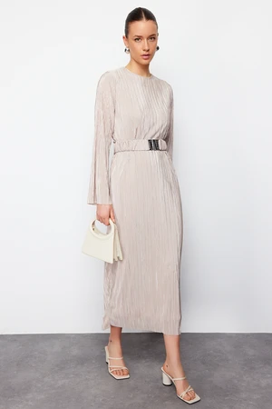 Trendyol Gold Color Pleated Belt Detailed Knitted Dress