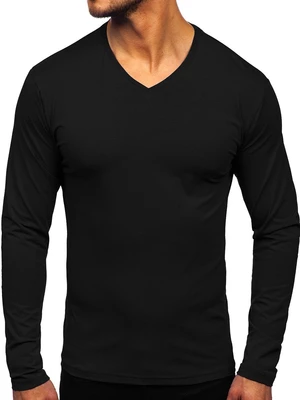 Čierne pánske tričko s dlhými rukávmi s výstrihom do V bez potlače Bolf 172008