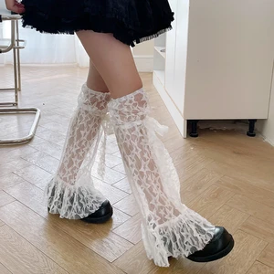 hirigin Lace Flared Leg Warmers Sexy Mesh Stockings Floral Bowknot Leg Warmers Women Gothic Calf Socks Thin Over Knee Sock 2023